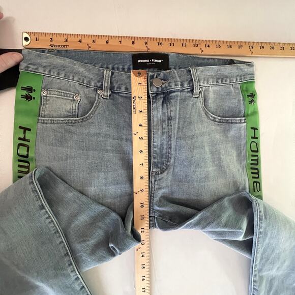Homme + Femme NEW Tesla Skinny Blue Jeans Sz 38 Green Pink Gradient Logo Ribbon - Picture 8 of 10